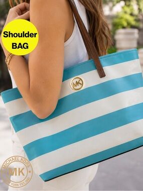 MICHAEL KORS 🩵 Blue & White Striped Shoulder Canvas Tote, Gold Logo